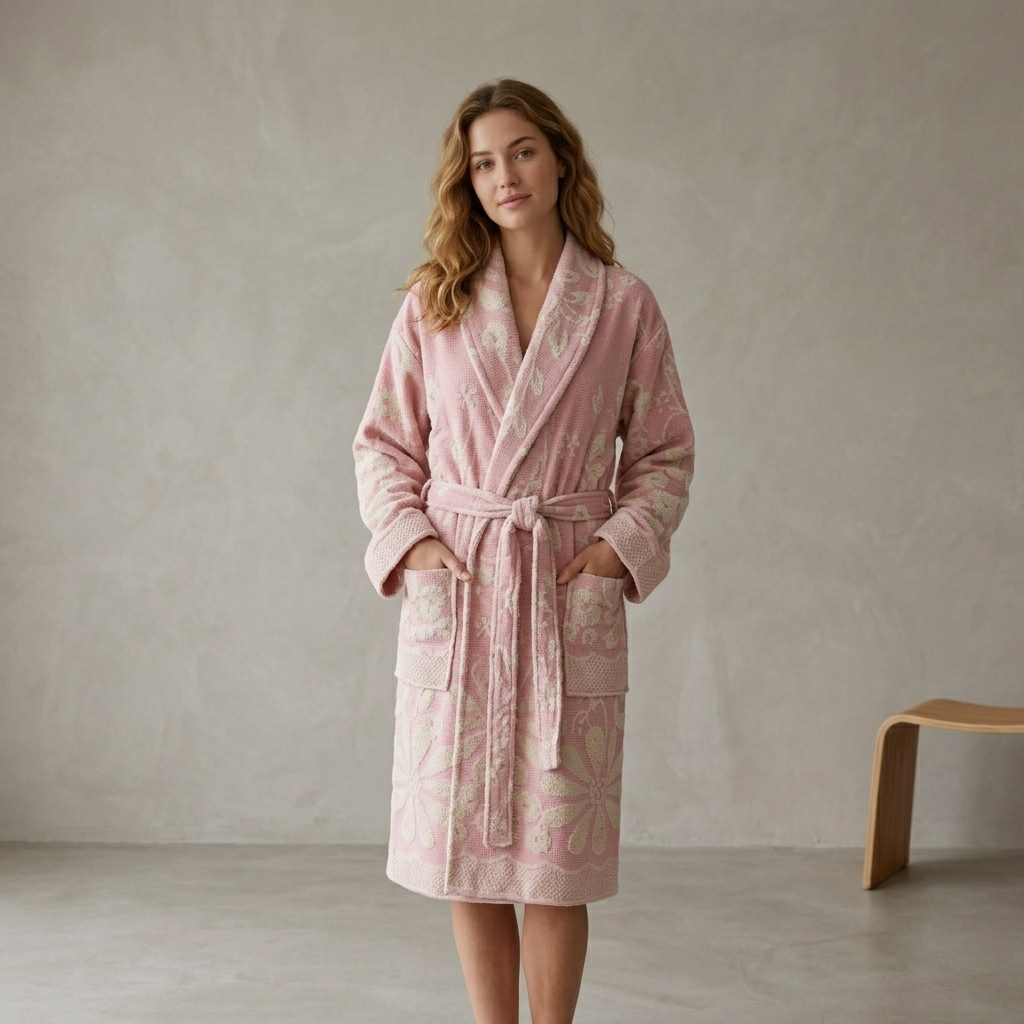 Daisy raised terry Turkish bathrobe – floral jacquard, shawl collar | Kikoya