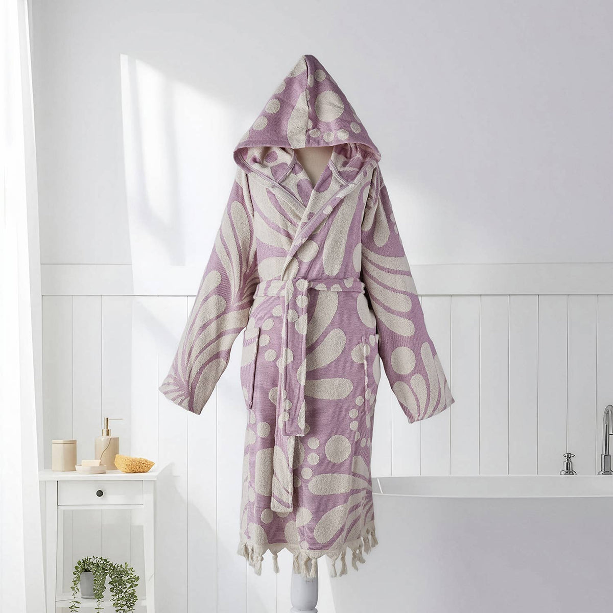 Rio Raised Terry Turkish bathrobe – Ikat Pattern, collar and belt detail | Kikoya