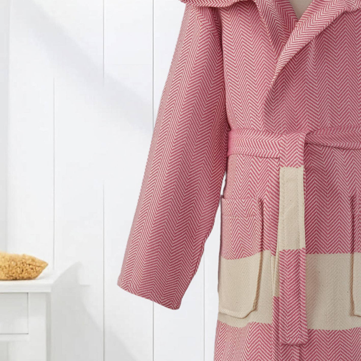 Herringbone kids Turkish cotton bathrobe – hooded, fringed hem | Kikoya