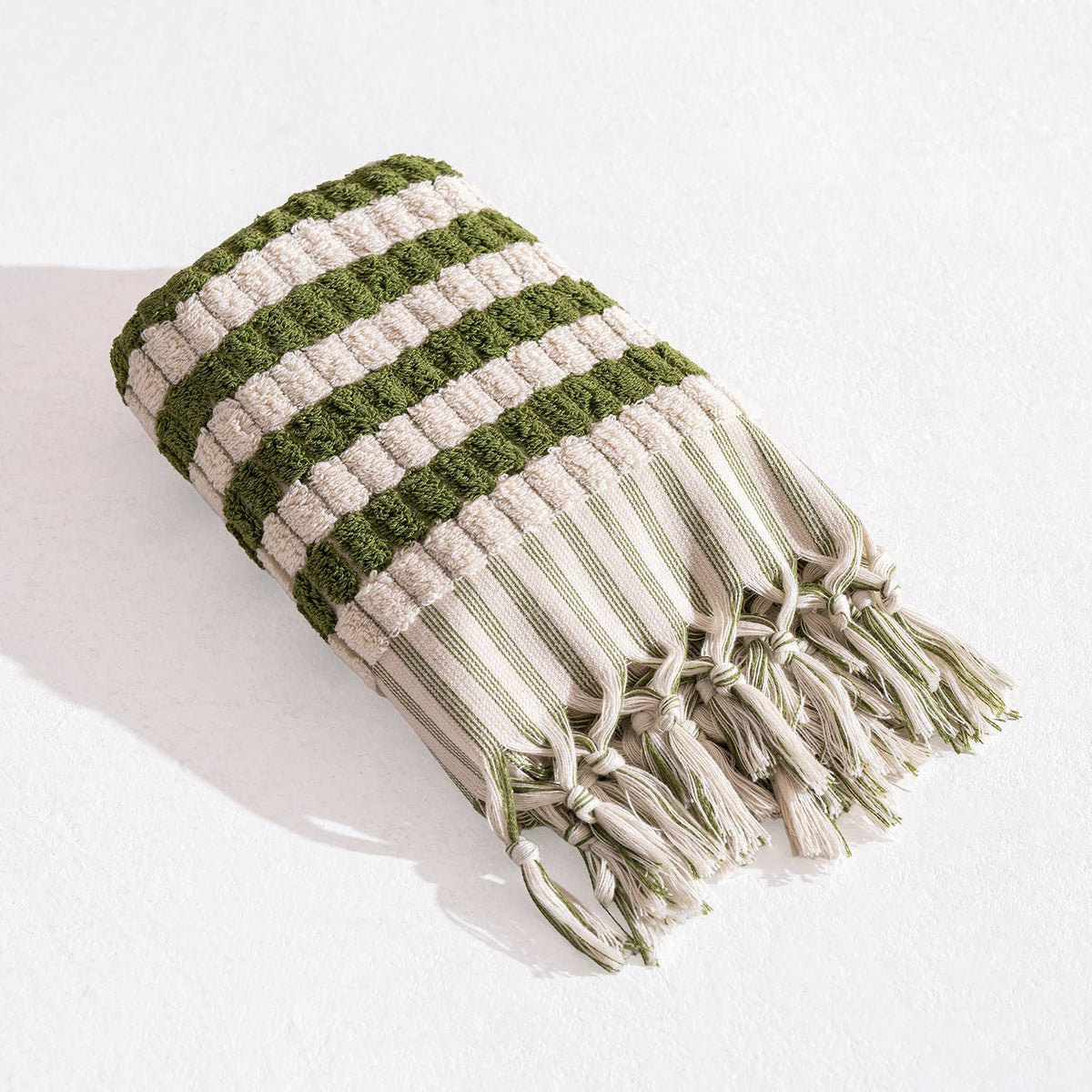 Lokum Pompom Turkish hand towel in Khaki, handloomed, 17x38 in | Kikoya