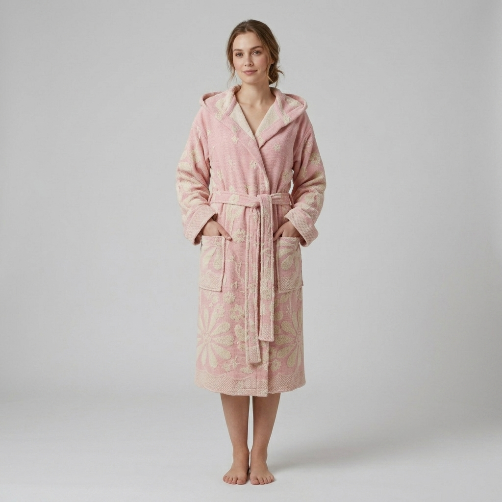 Daisy raised terry Turkish bathrobe – floral jacquard, hooded | Kikoya