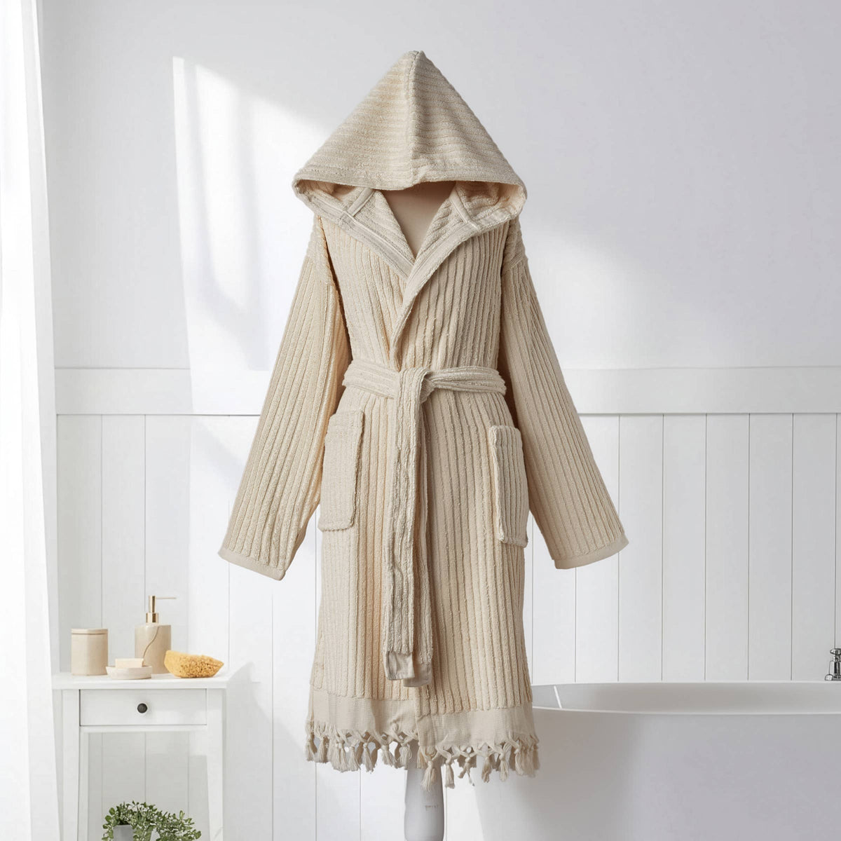 Pompom Turkish bathrobe – Natural Stripe, Hooded, full-length view | Kikoya