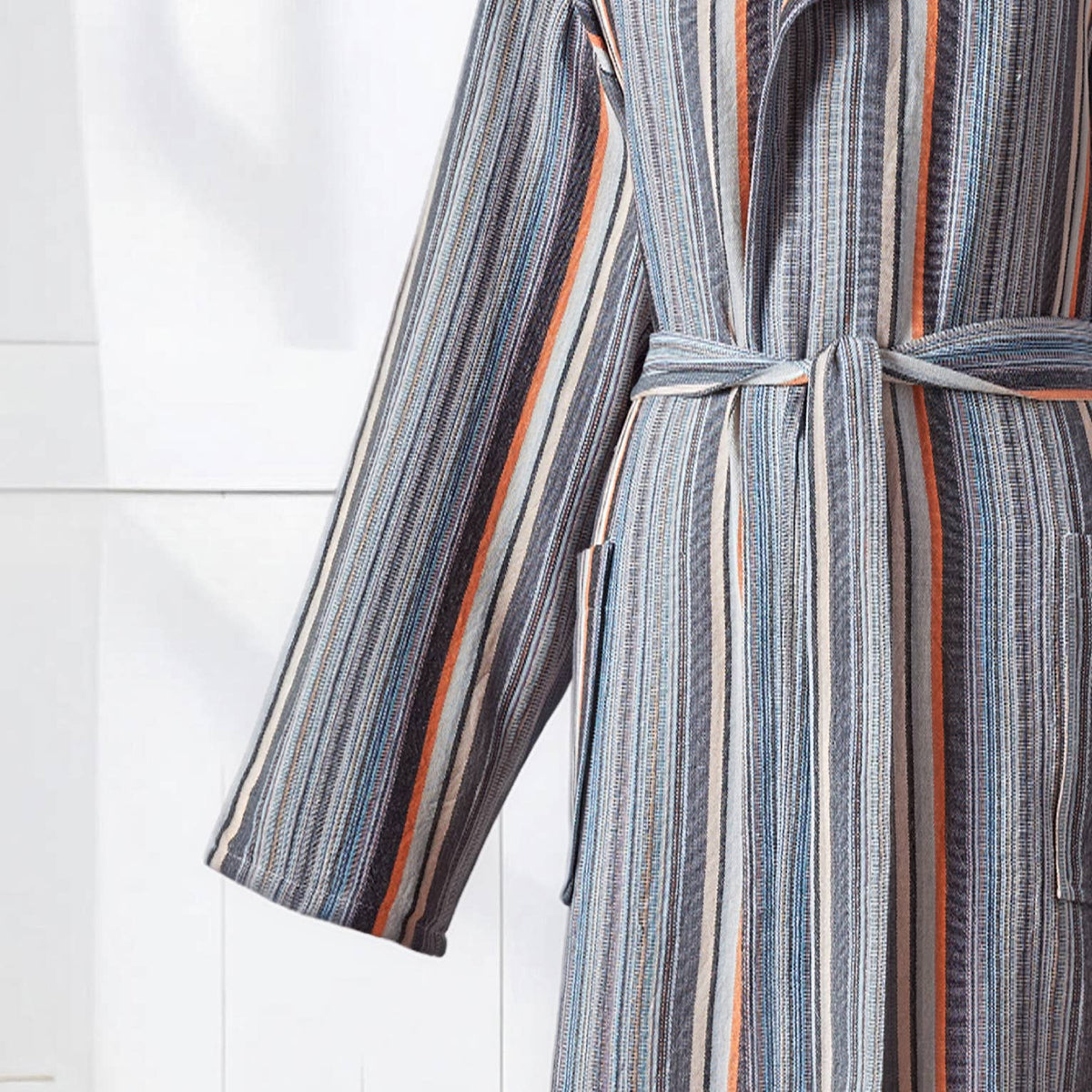 Antique Turkish hooded bathrobe – Grey & Rust Stripe | Kikoya