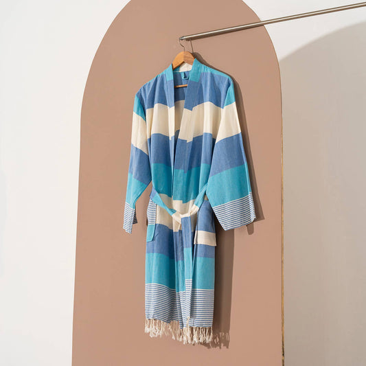 Havana flat-woven Turkish bathrobe – Turquoise & Blue, L-XL | Kikoya