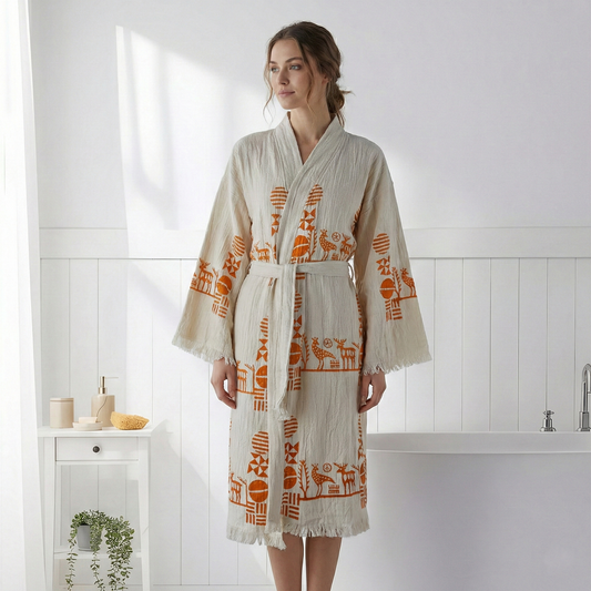 Block Print Turkish Cotton Bathrobe – Hand-stamped Design 10, Kimono
