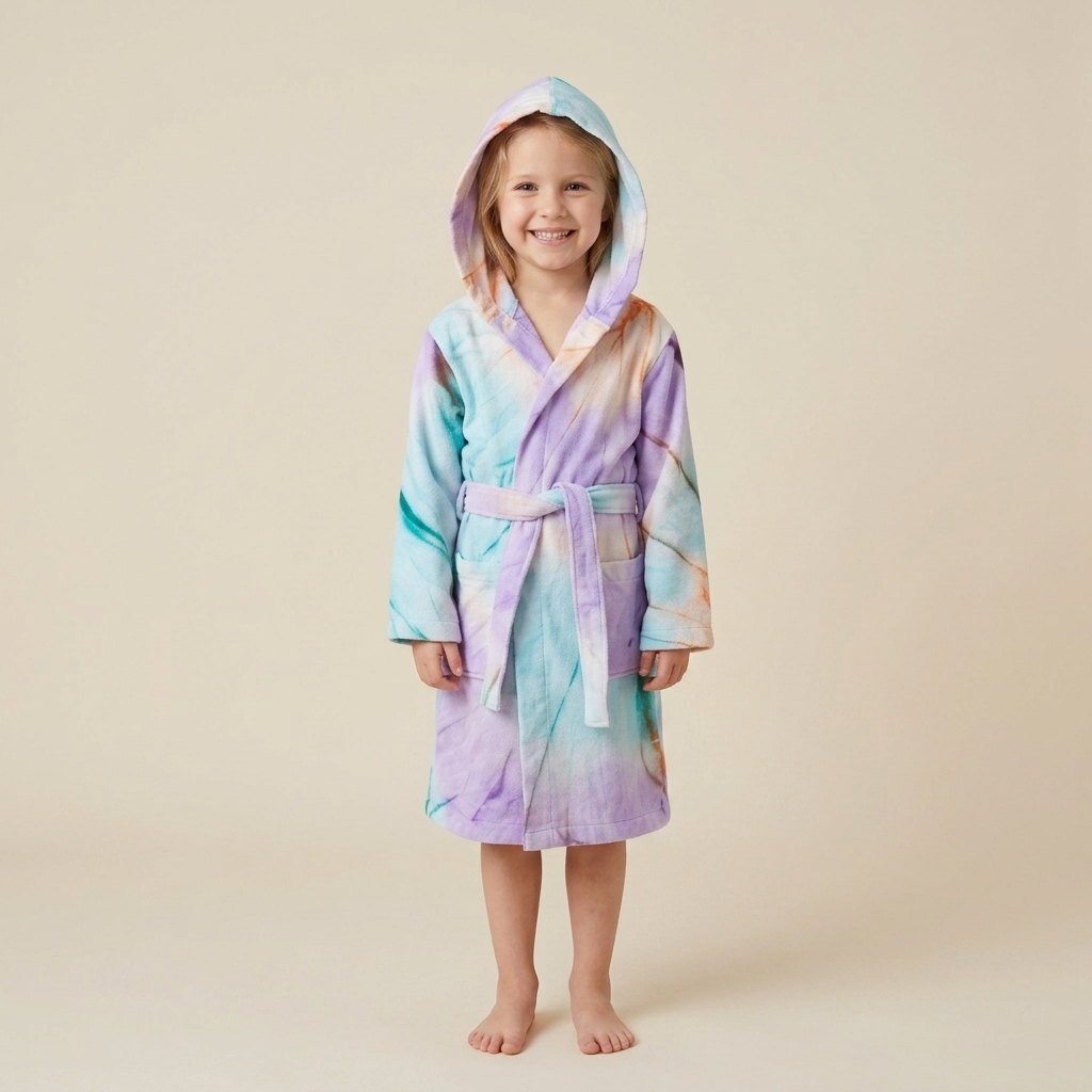 Hand tie-dyed kids Turkish bathrobe – hooded, ages 5-8 | Kikoya