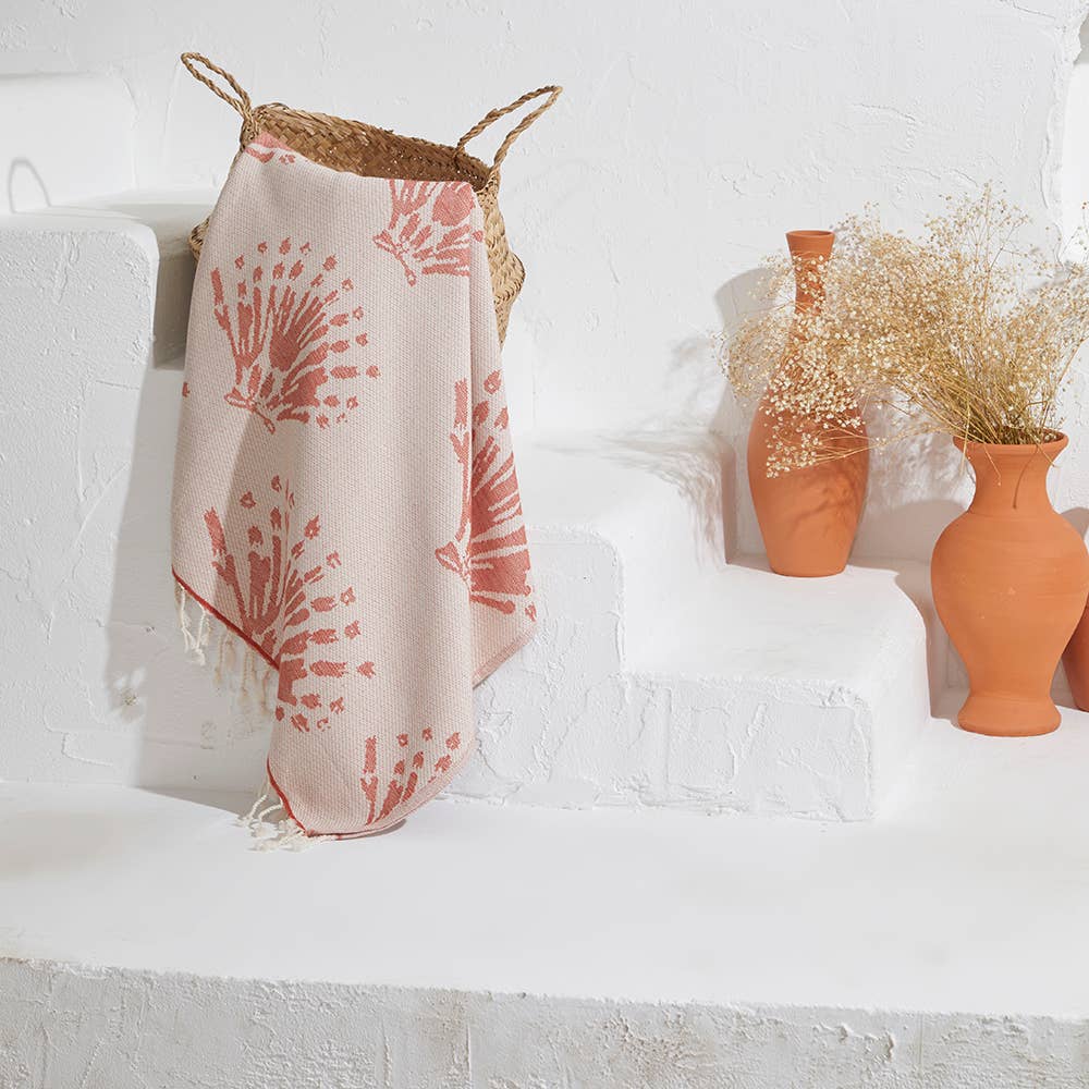 Pearls Turkish towel with coral-sprig jacquard and terry back, 35x70 in | Kikoya