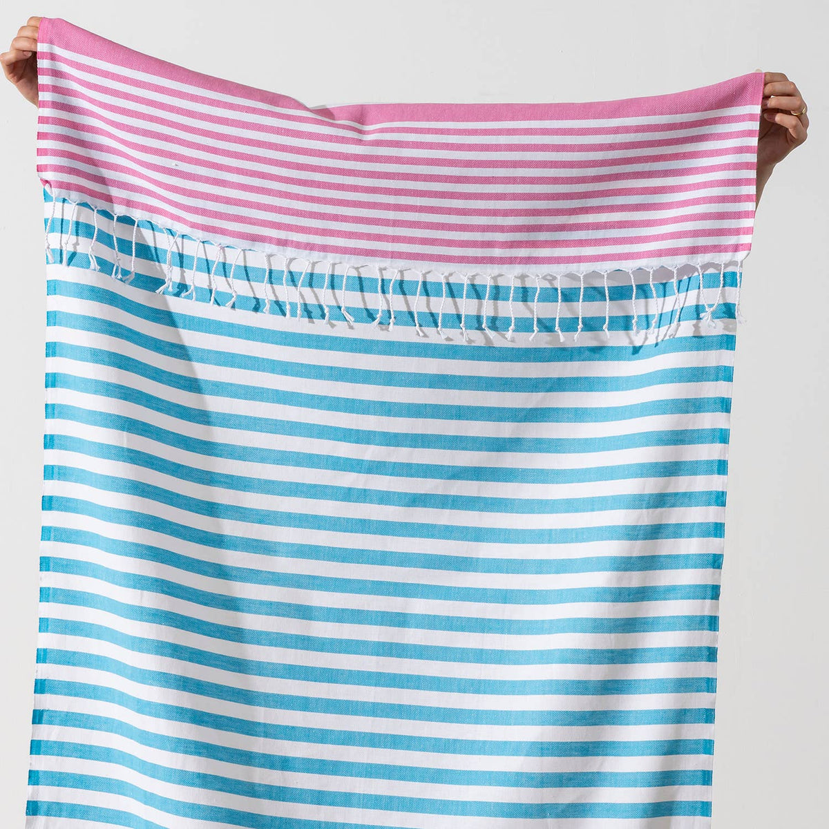 Mediterranean Turkish beach towel – Blue & Pink block stripe | Kikoya