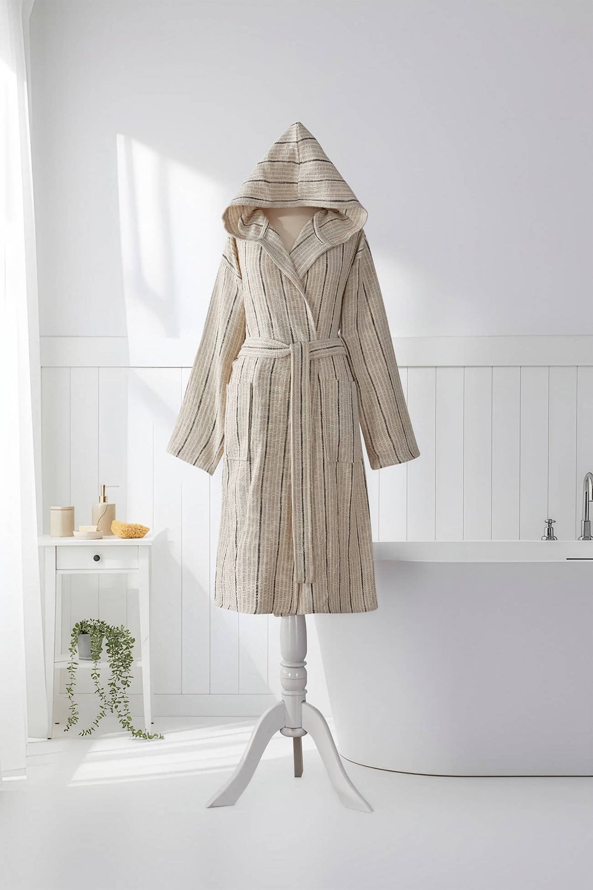 Santorini Turkish hooded bathrobe – Taupe Stripe | Kikoya