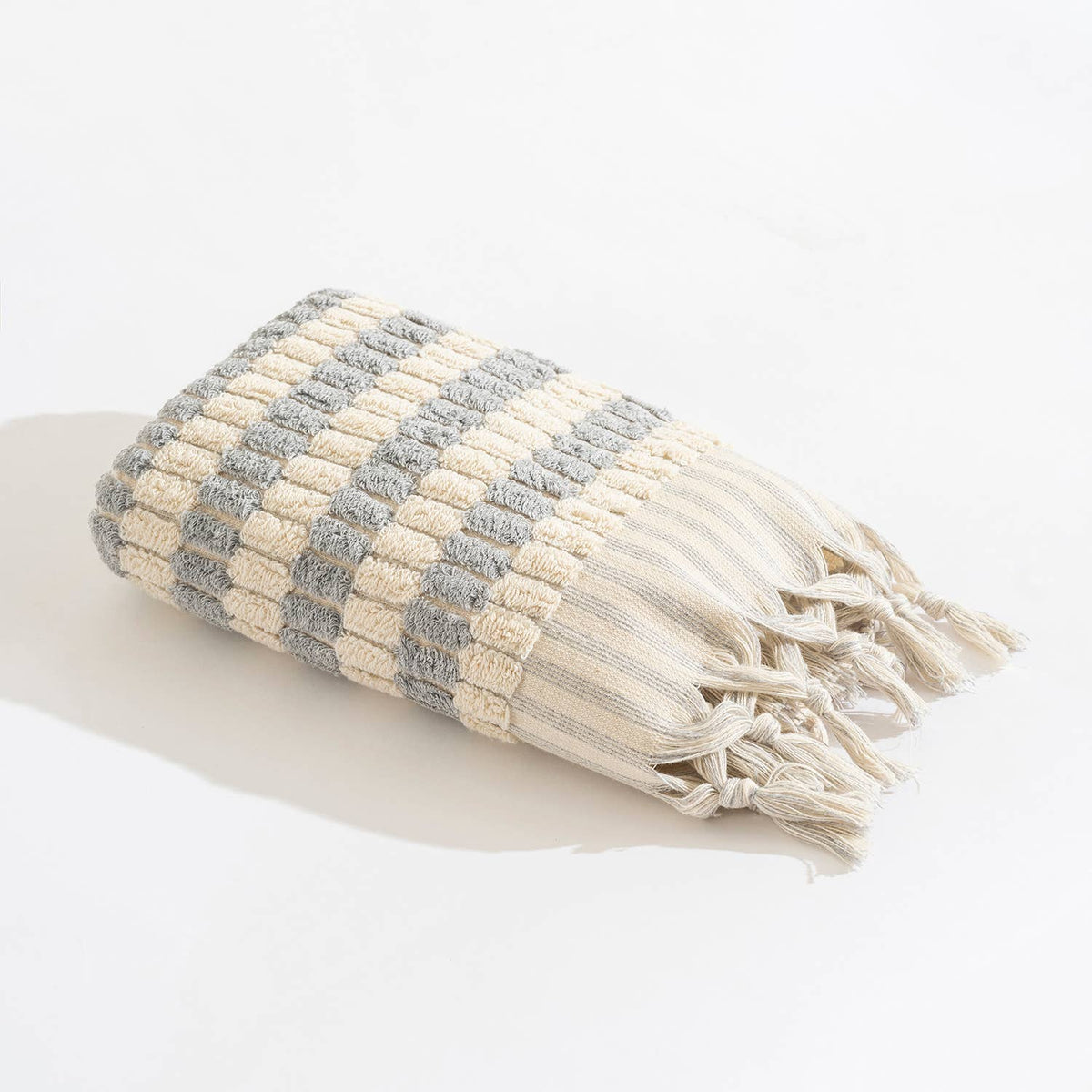 Lokum pompom Turkish hand towel, 17x38 in, handloomed check with pompom fringe | Kikoya