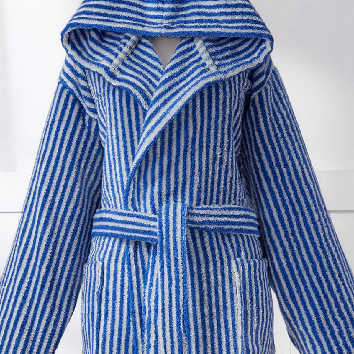 Pompom Turkish bathrobe – Blue & White Stripe, Hooded, texture detail | Kikoya