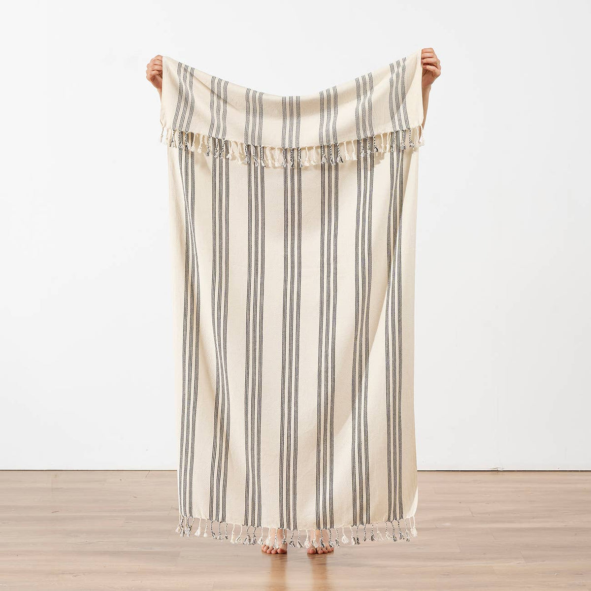 Sumela honeycomb Turkish beach towel in grey and olive stripe | Kikoya
