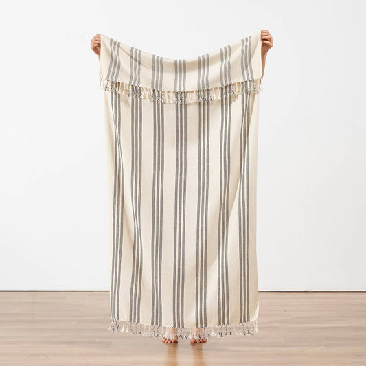 Sumela honeycomb Turkish beach towel in grey and olive stripe | Kikoya