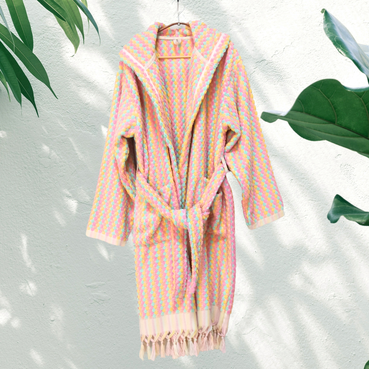 Pompom Turkish bathrobe – Pink & Orange, Hooded, full-length view | Kikoya