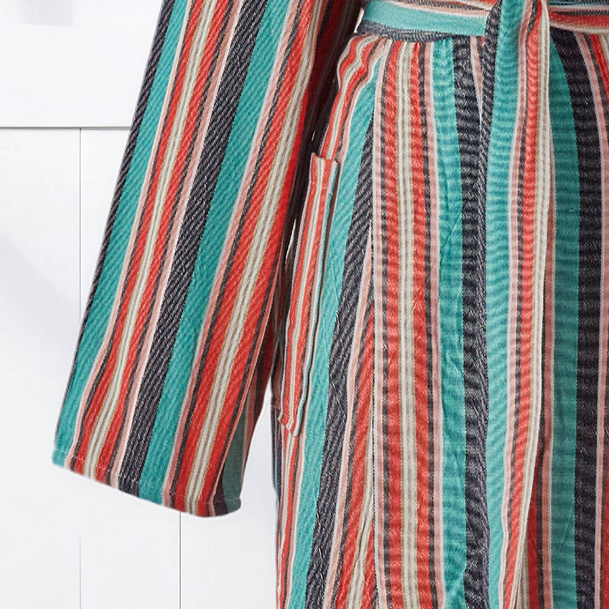 Multi stripe Turkish bathrobe in teal & coral – hooded | Kikoya