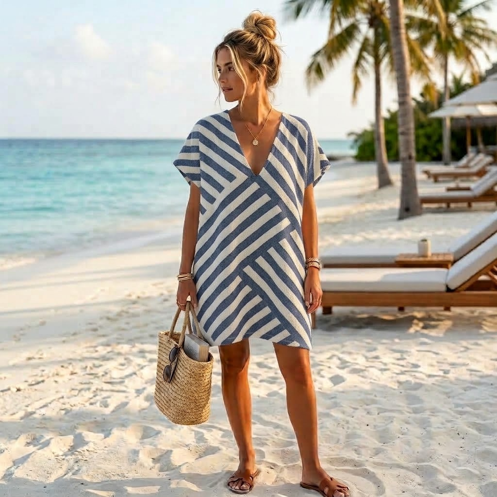 Adult V-neck beach cover-up poncho in Harmony Navy, terry-backed Turkish cotton | Kikoya