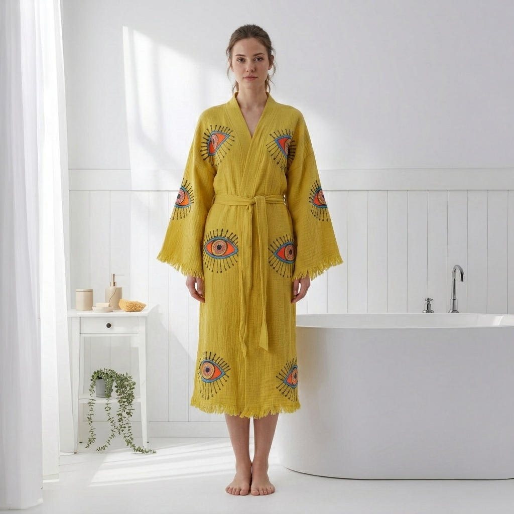 Block-print Turkish cotton kimono robe – Evil Eye Mustard | Kikoya