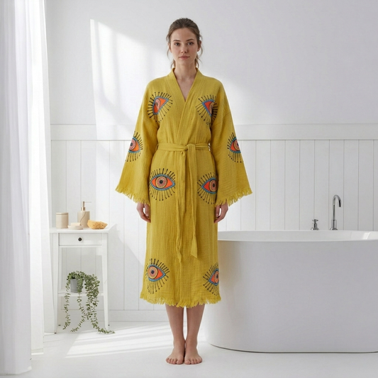 Block-print Turkish cotton kimono robe – Evil Eye Mustard | Kikoya