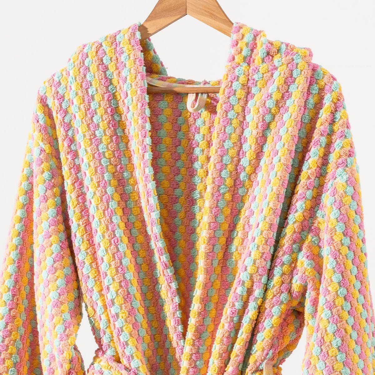 Pompom Turkish bathrobe – Pink & Orange, Hooded, side view | Kikoya