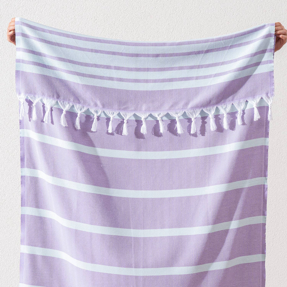 Luxe Herringbone Turkish towel – Lilac/Mint, lilac with mint stripes, fringe detail | Kikoya