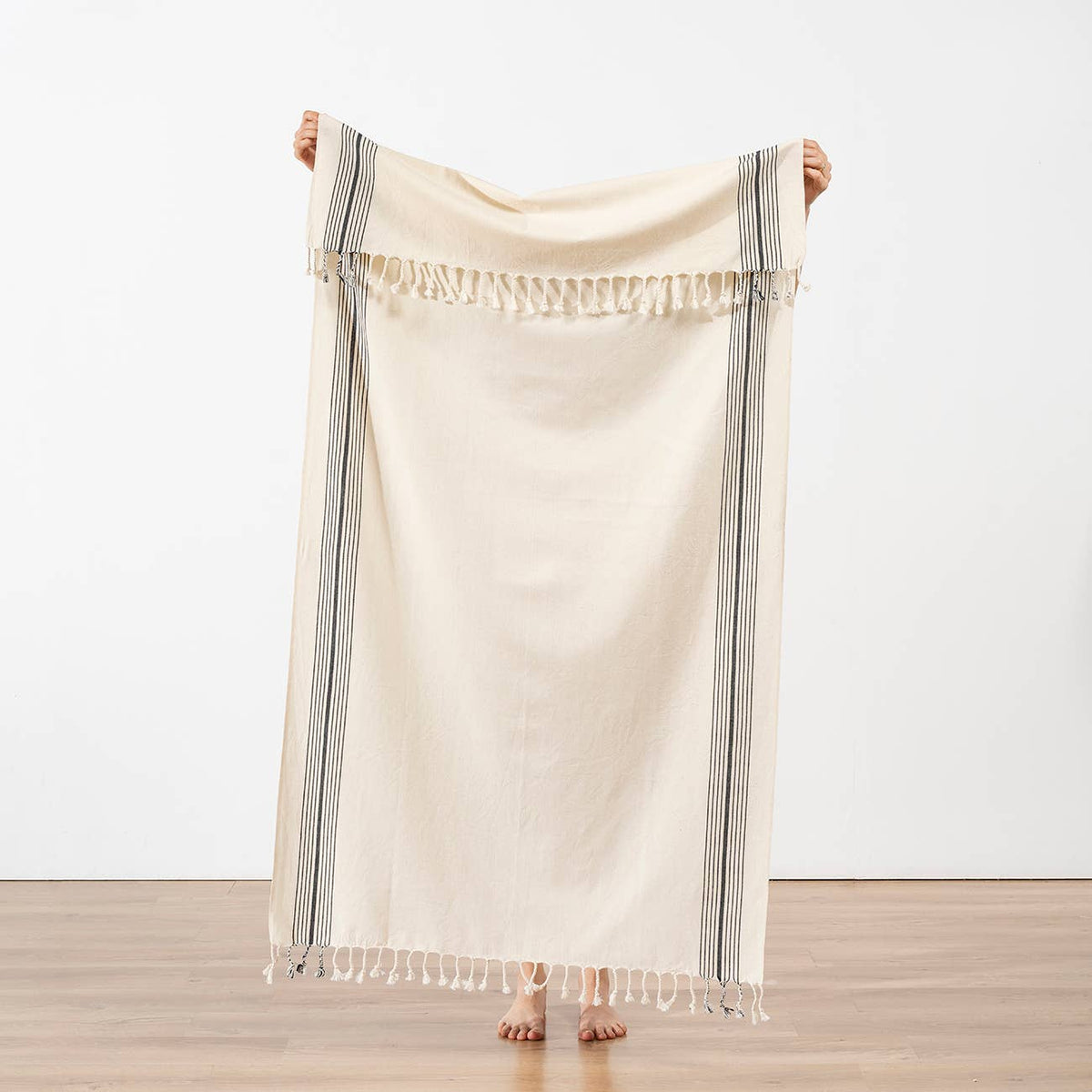 Paola honeycomb Turkish beach towel, cream with grey and navy stripe | Kikoya