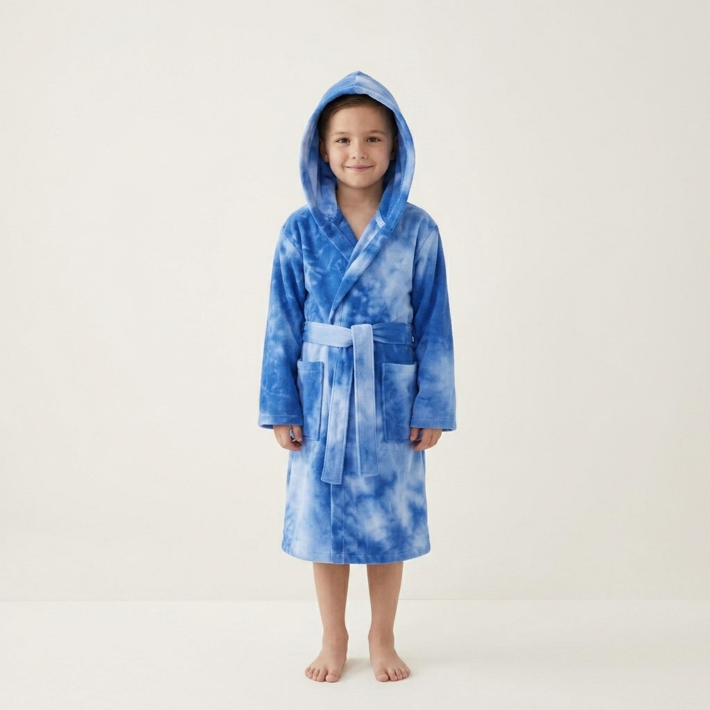 Hand tie-dyed kids Turkish bathrobe – hooded, ages 5-8 | Kikoya