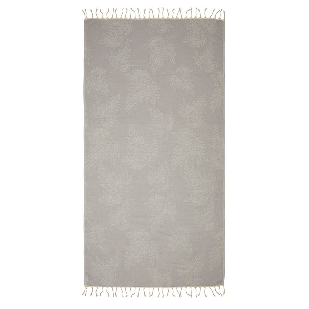 Leaves terry-backed Turkish towel with tonal leaf jacquard in grey | Kikoya
