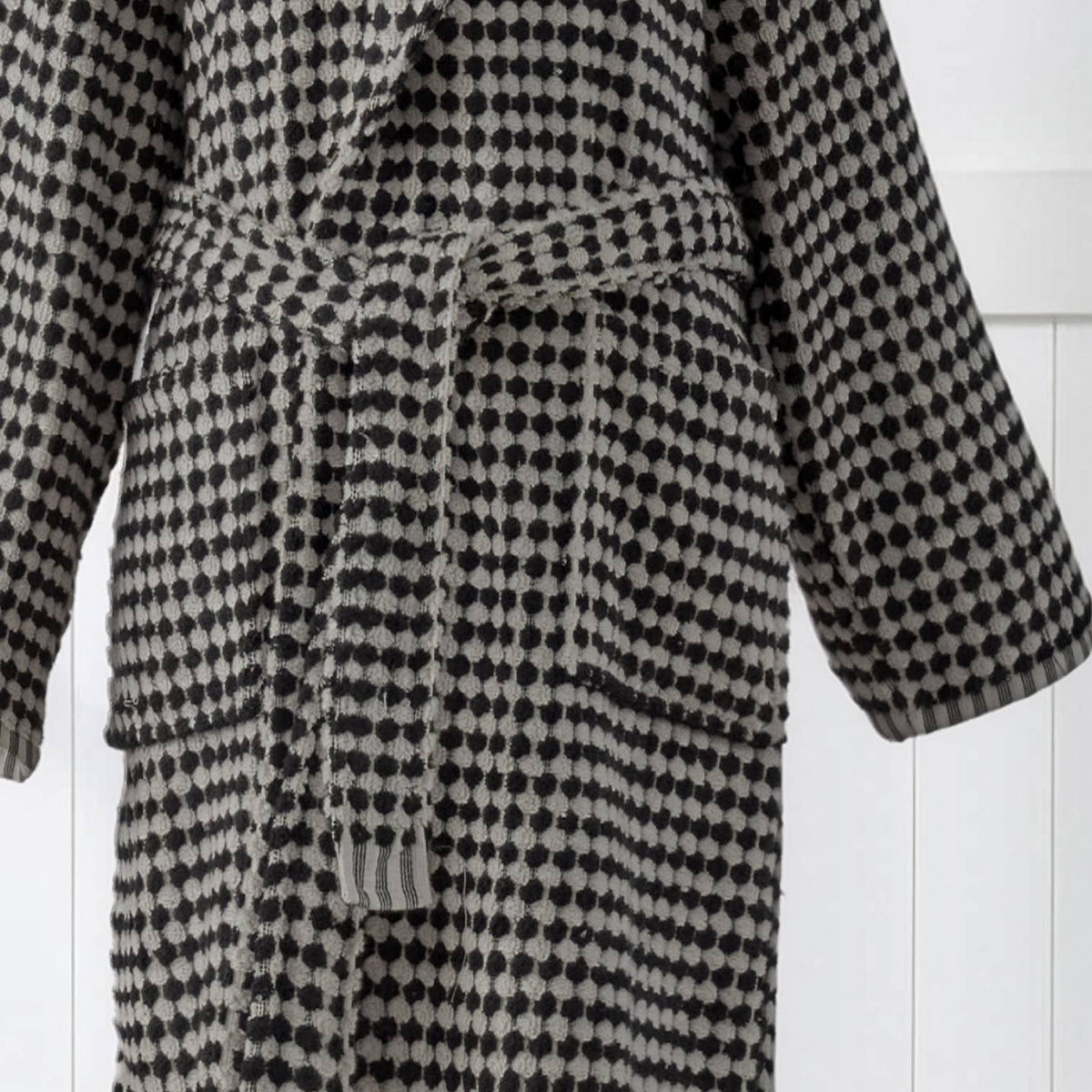 Pompom Turkish bathrobe – Black & White, Shawl Collar, full-length view | Kikoya