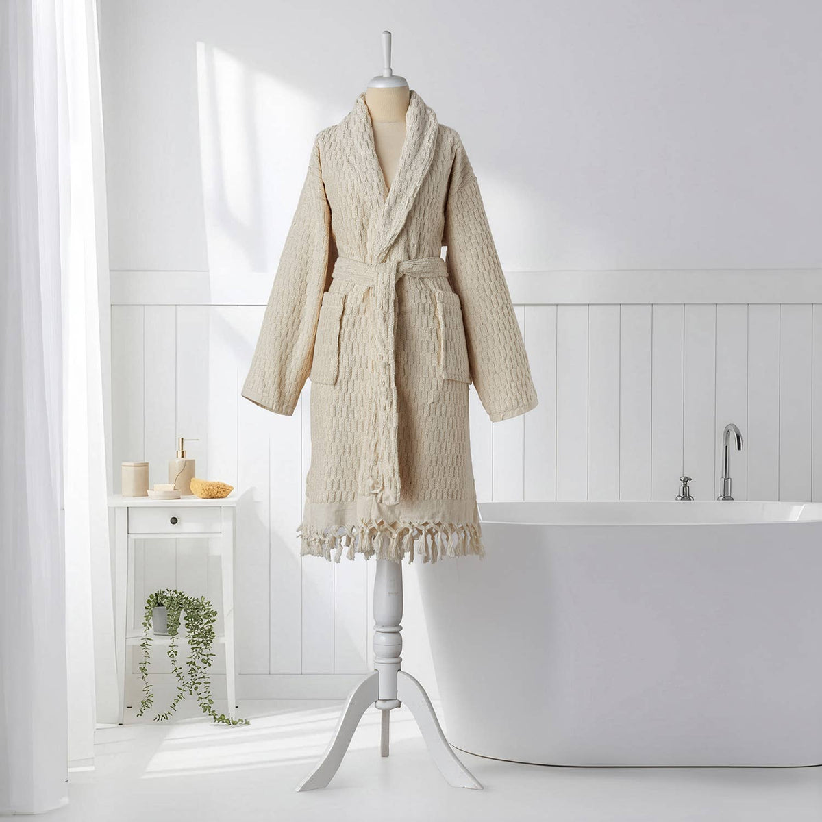 Pompom Turkish bathrobe – Lokum Natural, Shawl Collar, full-length view | Kikoya