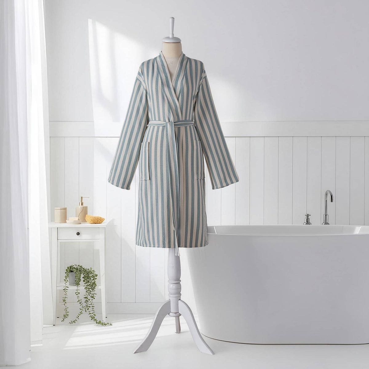 Pinstripe Turkish cotton bathrobe in grey & green – kimono | Kikoya