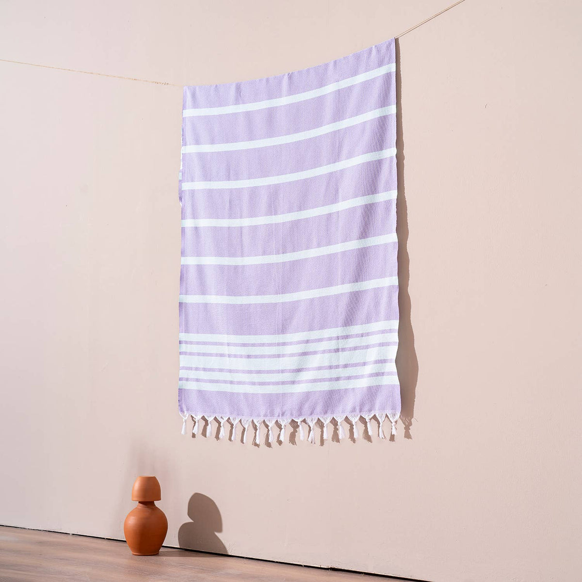Luxe Herringbone Turkish towel – Lilac/Mint, lilac with mint stripes, hanging | Kikoya