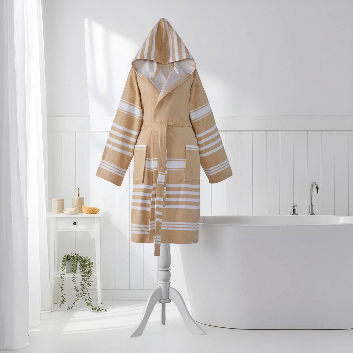 Terry-backed Turkish bathrobe in pastel stripe – hooded | Kikoya