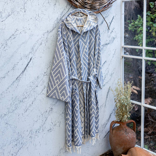 Cordoba raised terry Turkish bathrobe with a geometric jacquard, hooded | Kikoya