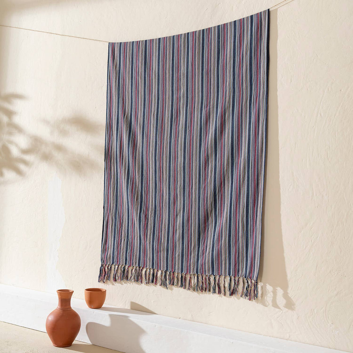 Indigo & Red Stripe peshtemal, knotted fringe detail | Kikoya