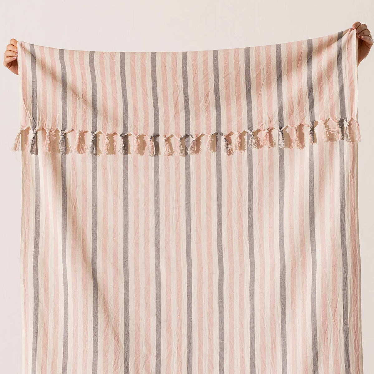 Premium Rustic Turkish beach towel in blush ticking stripe with tassels, 33x66 in | Kikoya