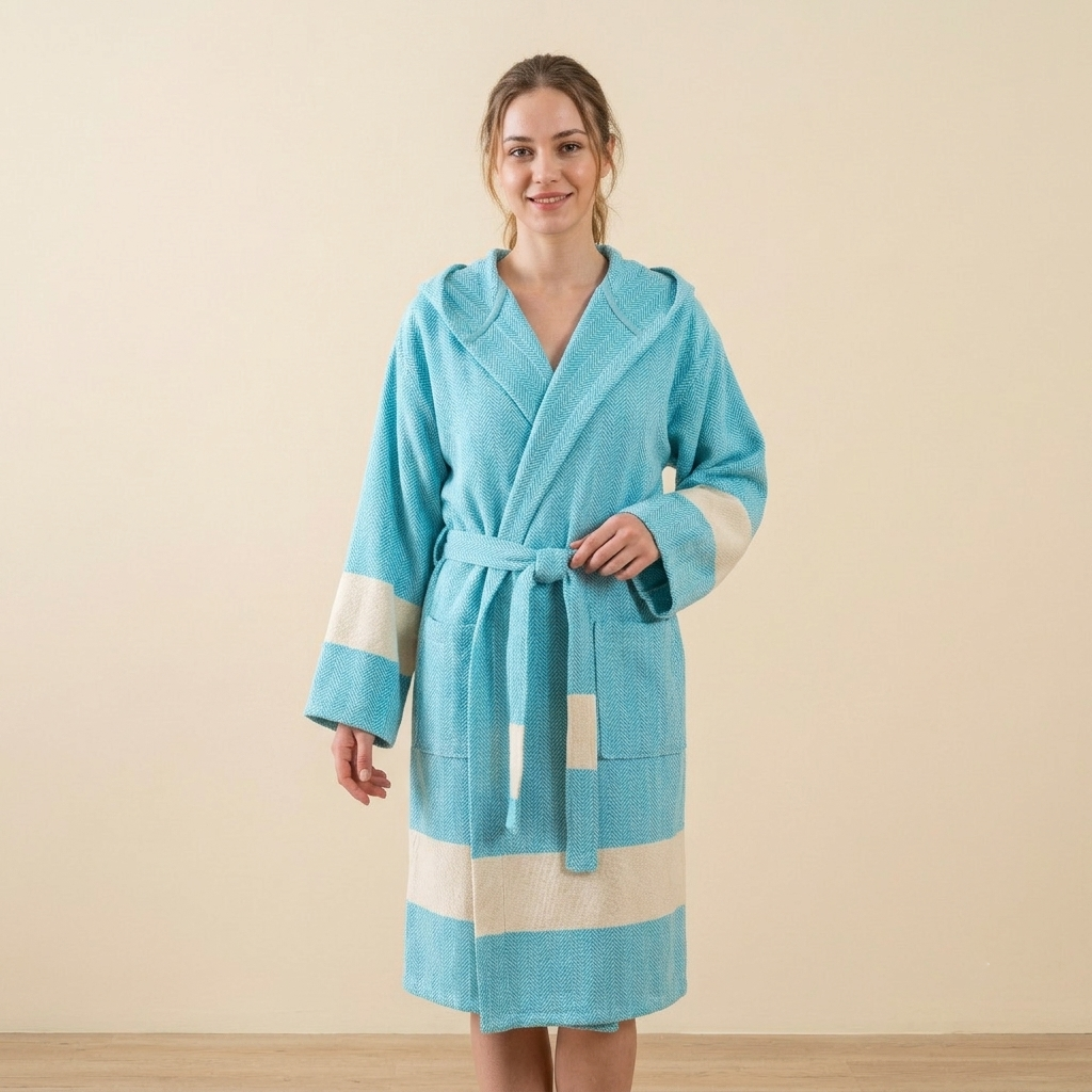 Herringbone Turkish cotton bathrobe – color-block hooded robe | Kikoya