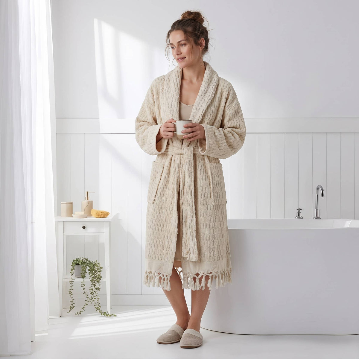 Pompom Turkish bathrobe – Lokum Natural, Shawl Collar, styled view | Kikoya