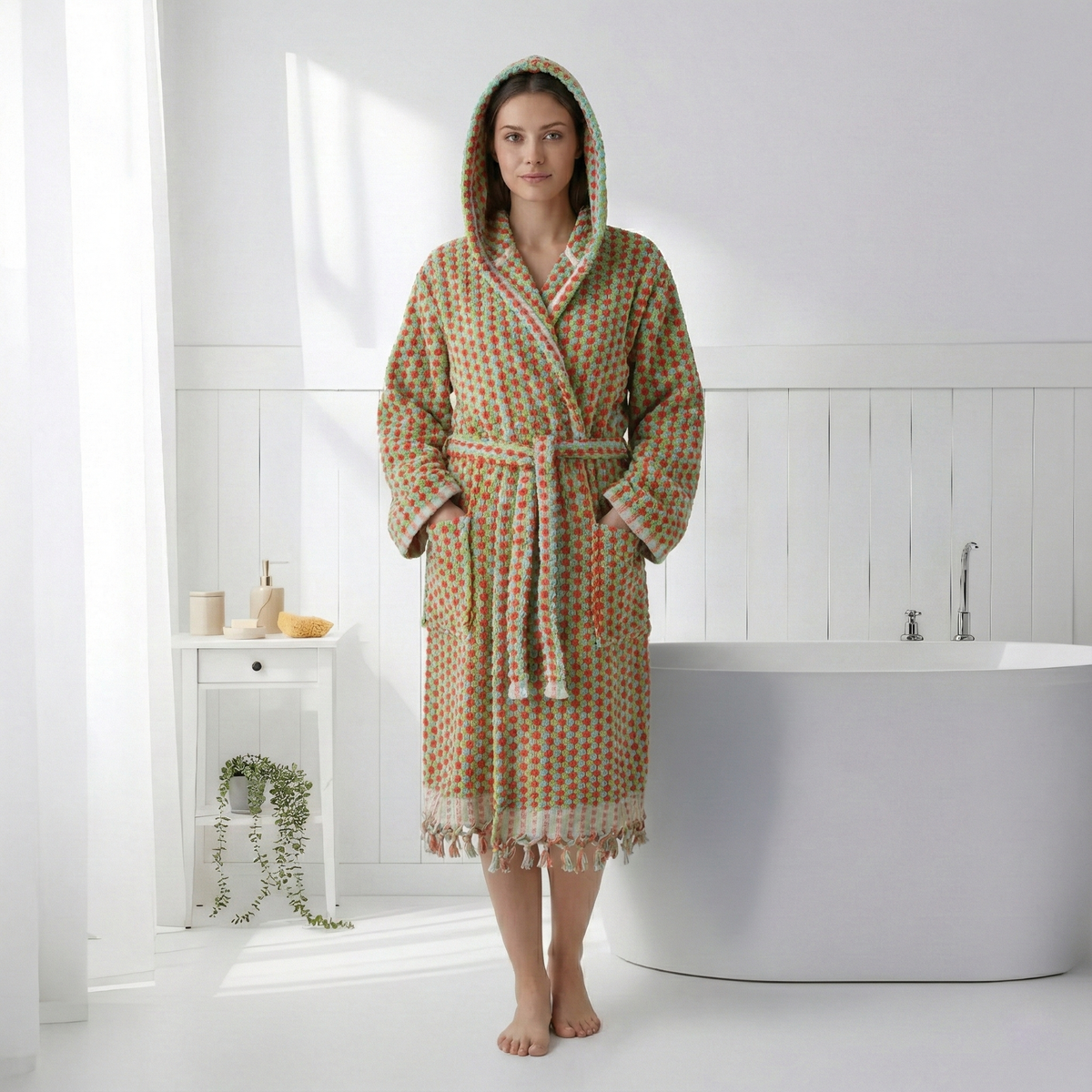 Pompom Turkish bathrobe – Green & Pink, Hooded, front view | Kikoya