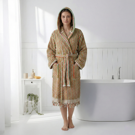 Pompom Turkish bathrobe – Green & Pink, Hooded, front view | Kikoya