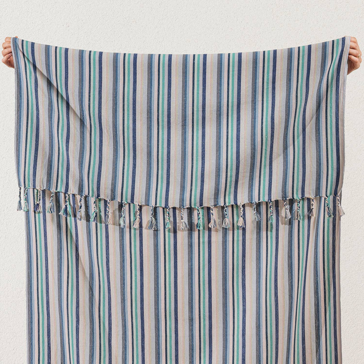 Premium Rustic Turkish Beach Towel – Seafoam & Blue Stripe, 100% Cotton Peshtemal, 40x70 in