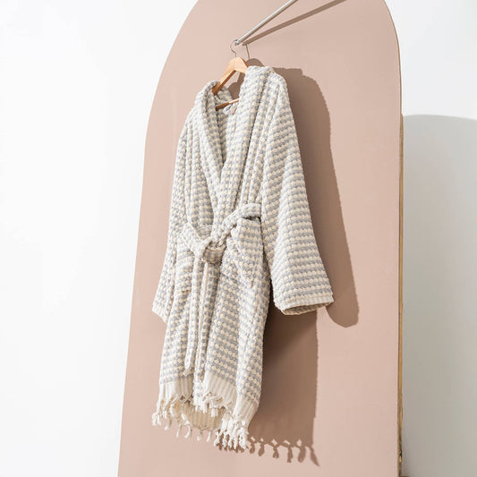 Pompom Turkish bathrobe – Grey, Hooded, front view | Kikoya