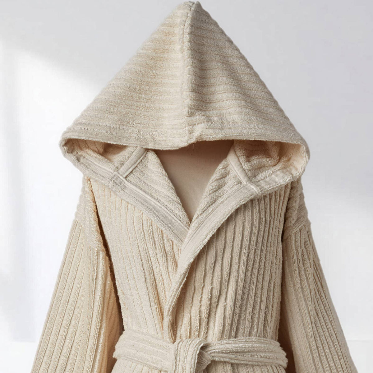 Pompom Turkish bathrobe – Natural Stripe, Hooded, hood detail | Kikoya