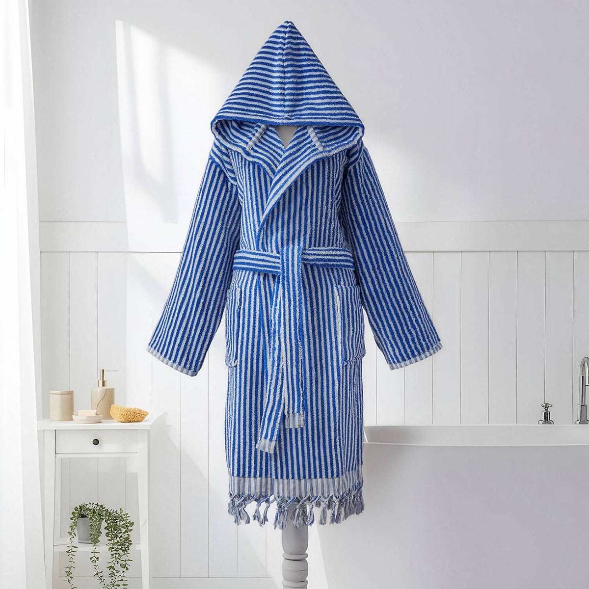 Pompom Turkish bathrobe – Blue & White Stripe, Hooded, full-length view | Kikoya