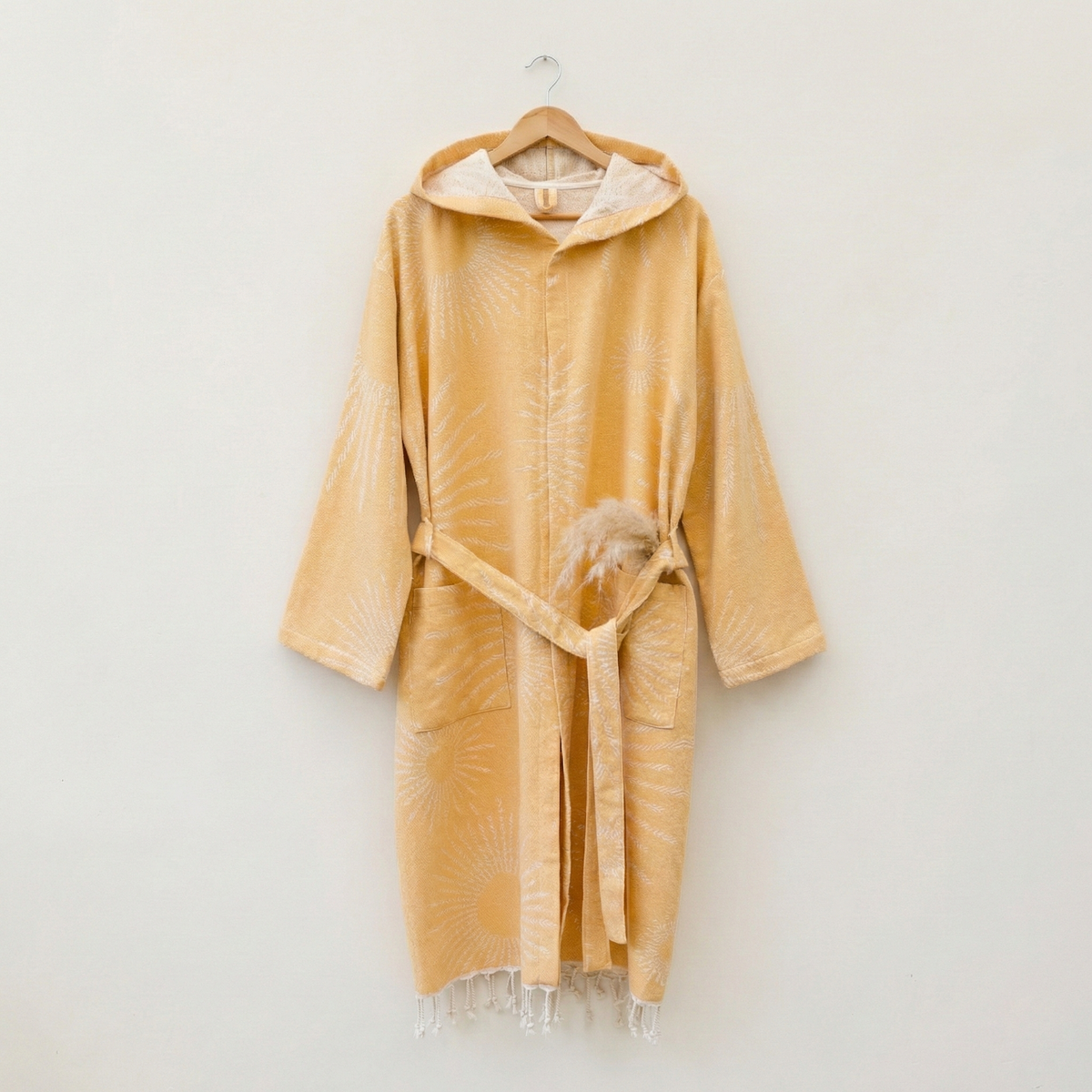 Sunburst terry-backed Turkish bathrobe, hooded, mustard | Kikoya