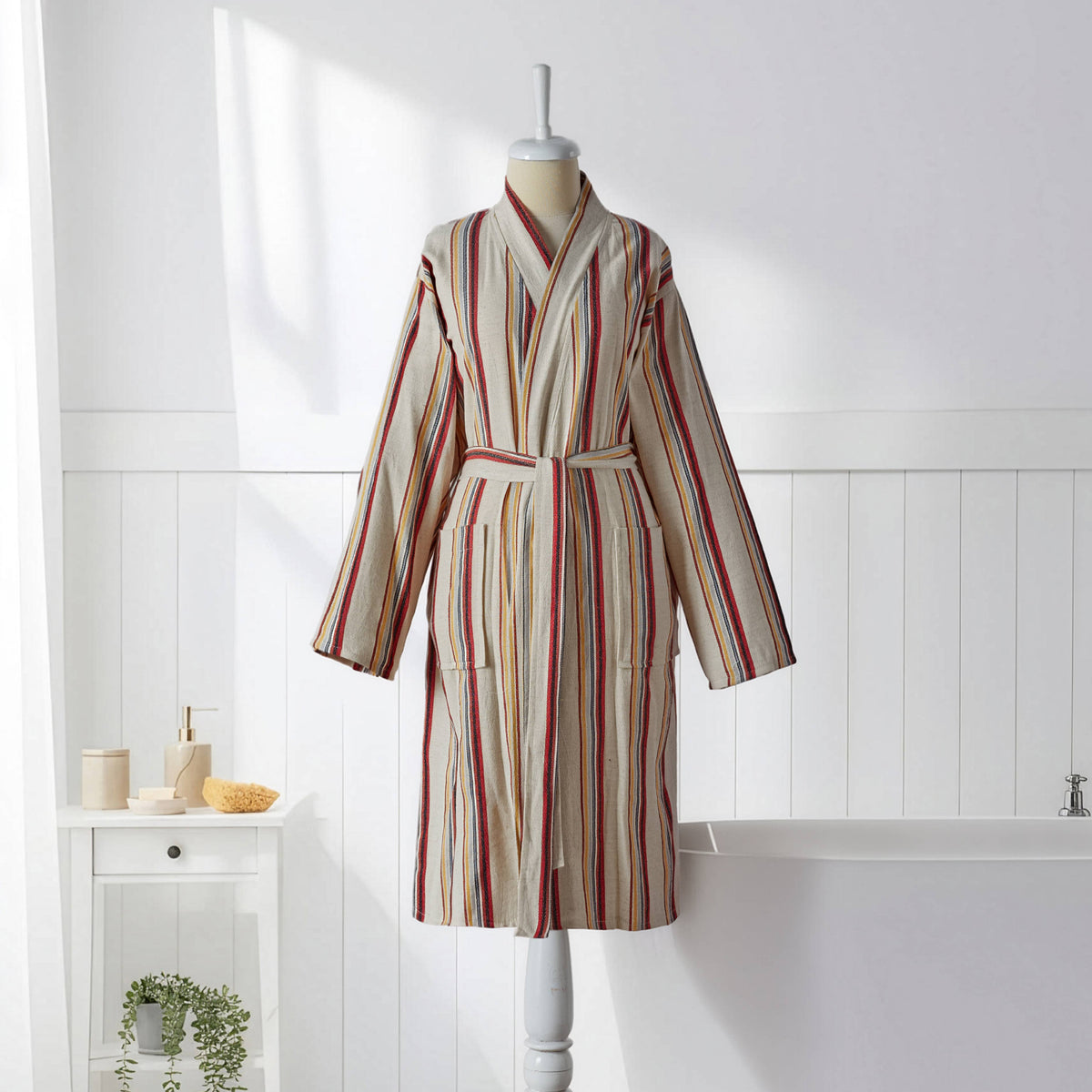 Rainbow linen-cotton Turkish kimono bathrobe – stripe | Kikoya