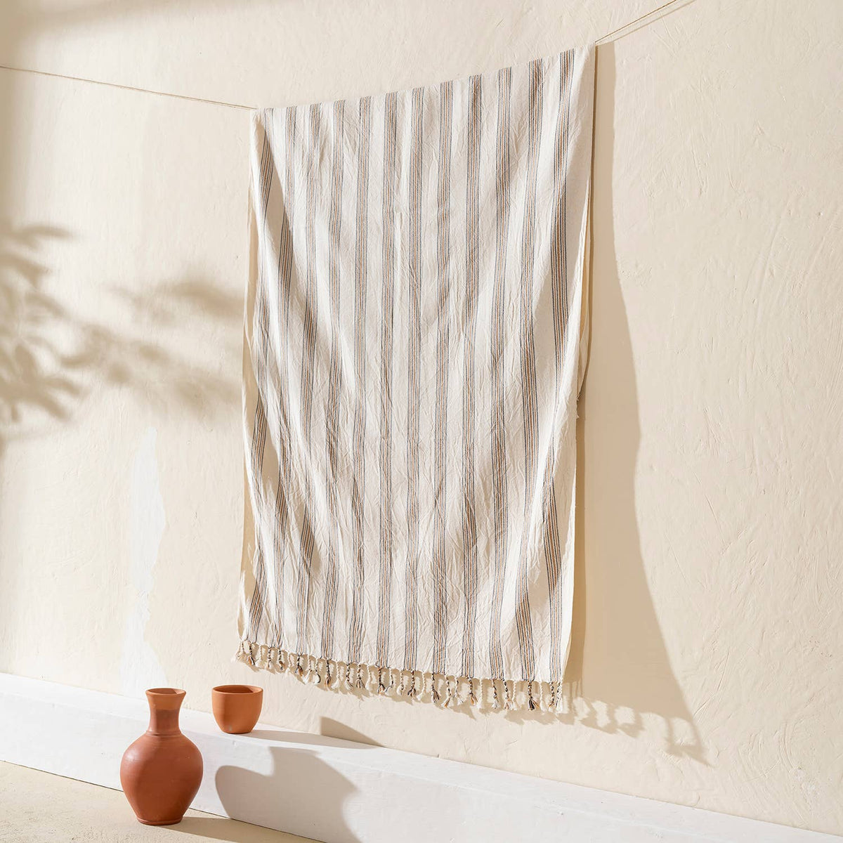 Caramel Stripe peshtemal, tassel fringe detail | Kikoya