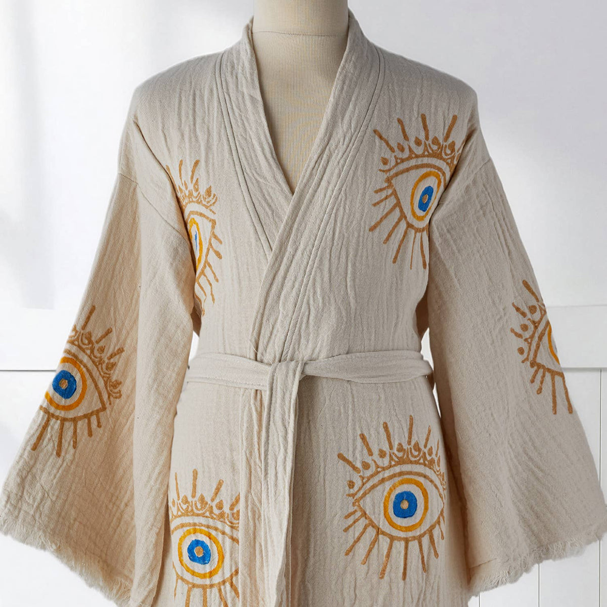 Block-print Turkish cotton kimono robe – Evil Eye Mustard & Blue | Kikoya