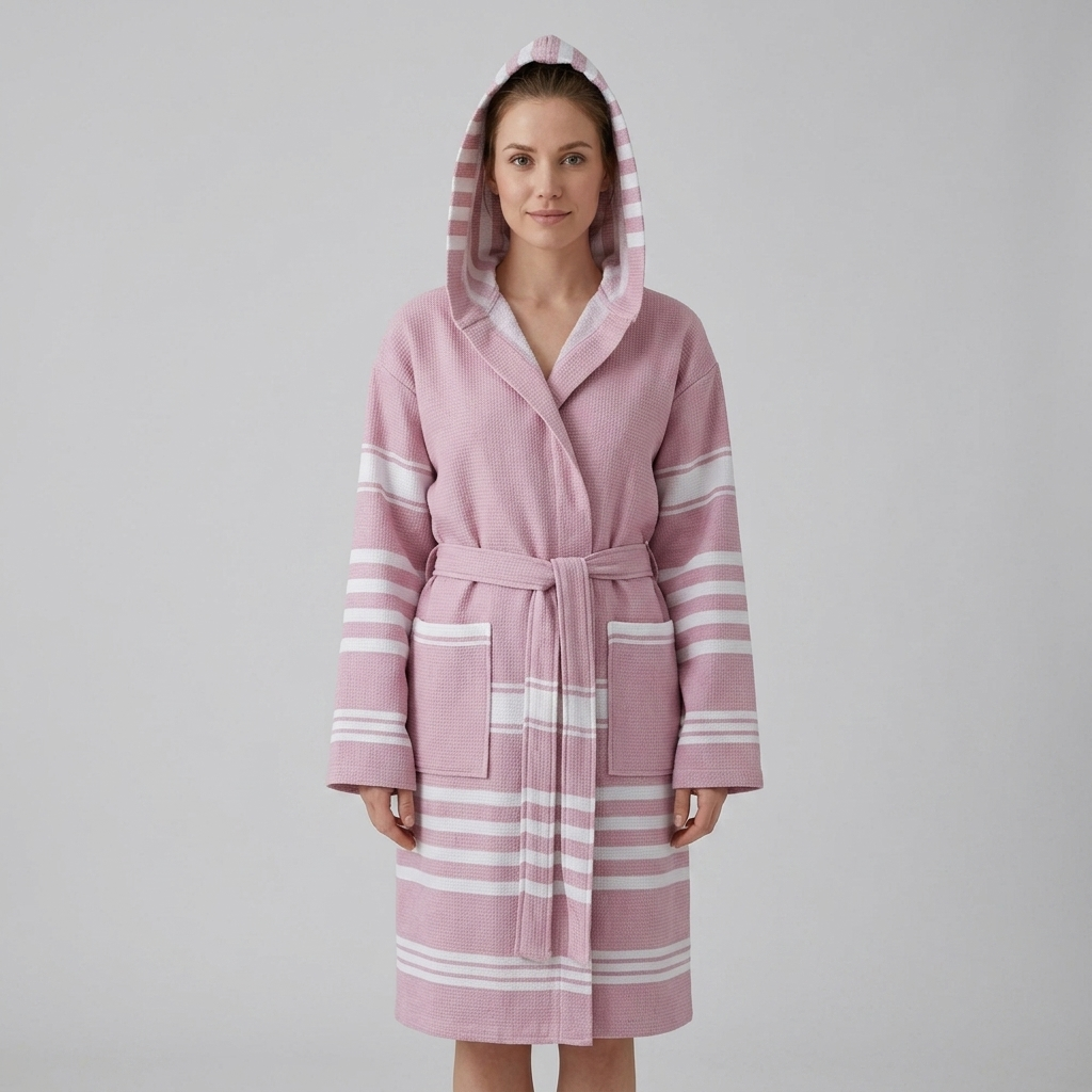 Terry-backed Turkish bathrobe in pastel stripe – hooded | Kikoya