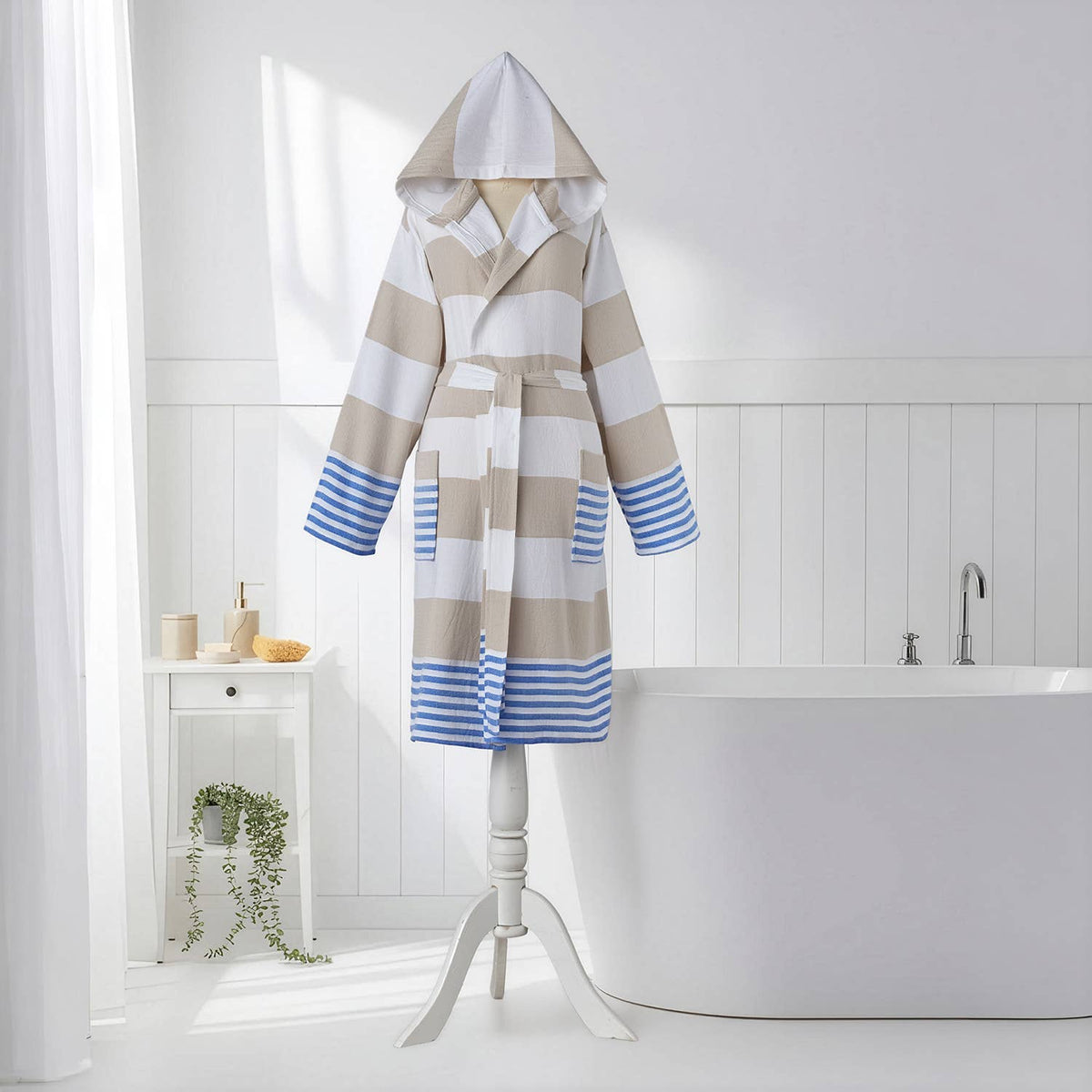 Mediterranean flat-woven Turkish hooded bathrobe – Beige & Blue, full-length view | Kikoya