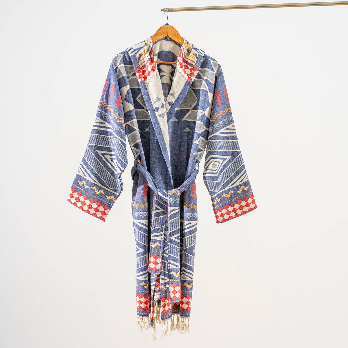 Tribal flat-woven Turkish bathrobe in navy & red – kimono, fringed hem | Kikoya